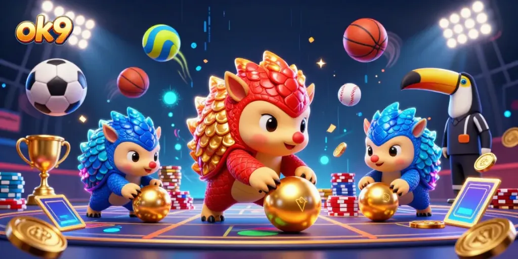 ok9 platform showcasing rival pangolins in action, bowling poker chips with dynamic sports elements