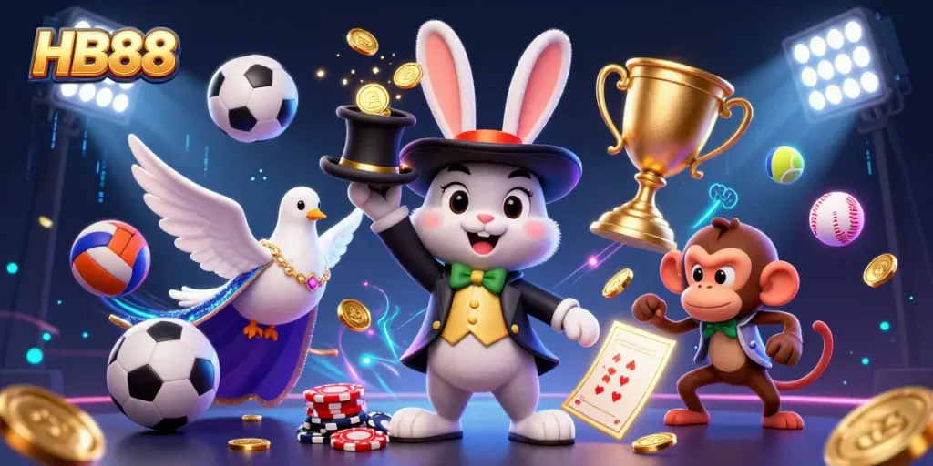 Experience excitement at HB88 with a vibrant illustration of a magician rabbit, dove, and monkey among casino elements.