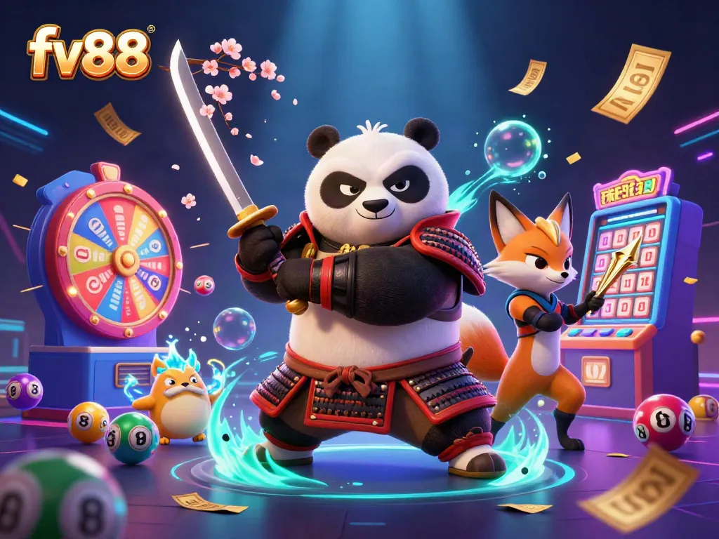 Engage with exciting gameplay at fv88, featuring a dynamic casino scene with a samurai panda, ninja fox, and shuriken action.