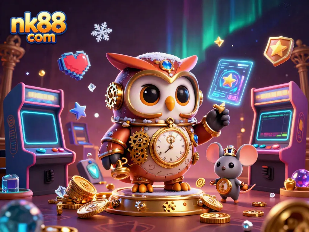 Experience the vibrant gaming action at nk88 com with a whimsical 3D owl and dynamic casino elements.