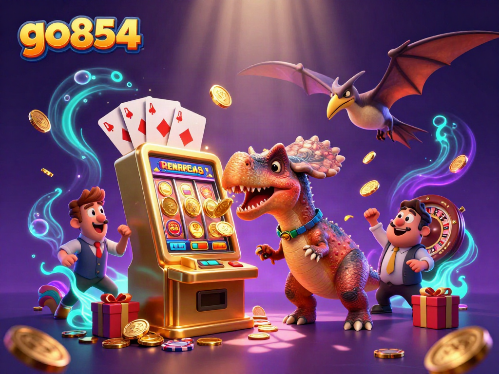 Go854 showcases a cartoon dinosaur winning jackpot coins from a golden slot machine.