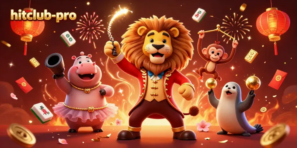 Experience exciting gaming at hitclub-pro with lively circus characters and festive casino elements.