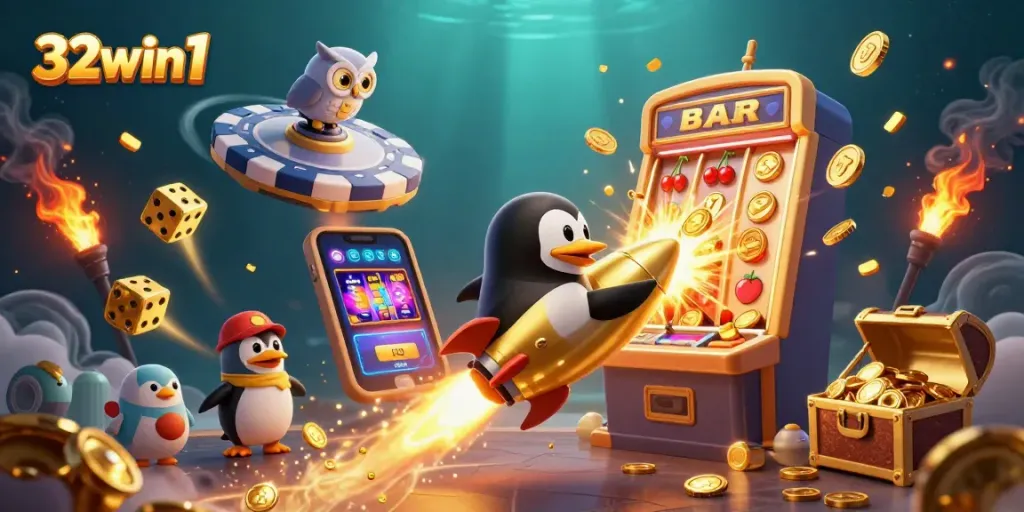 Engage with thrilling action at 32win1, showcasing a triumphant casino scene bursting with wins and excitement.