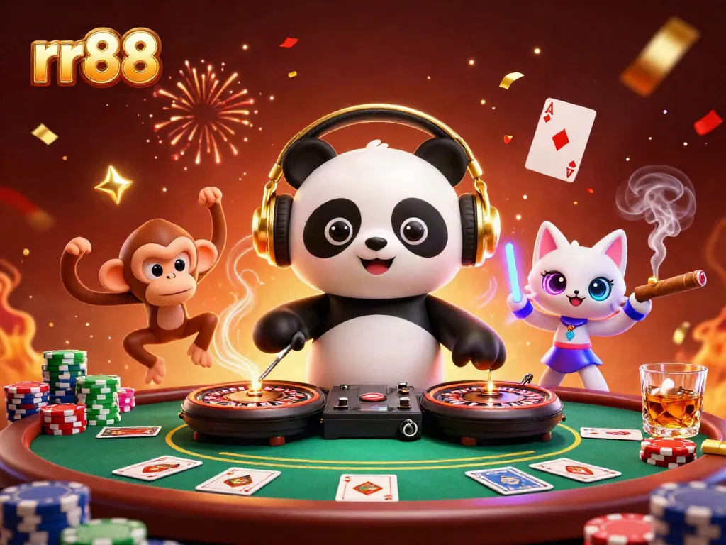 Experience the excitement of rr88 with a lively 3D scene featuring gaming elements and animated characters.