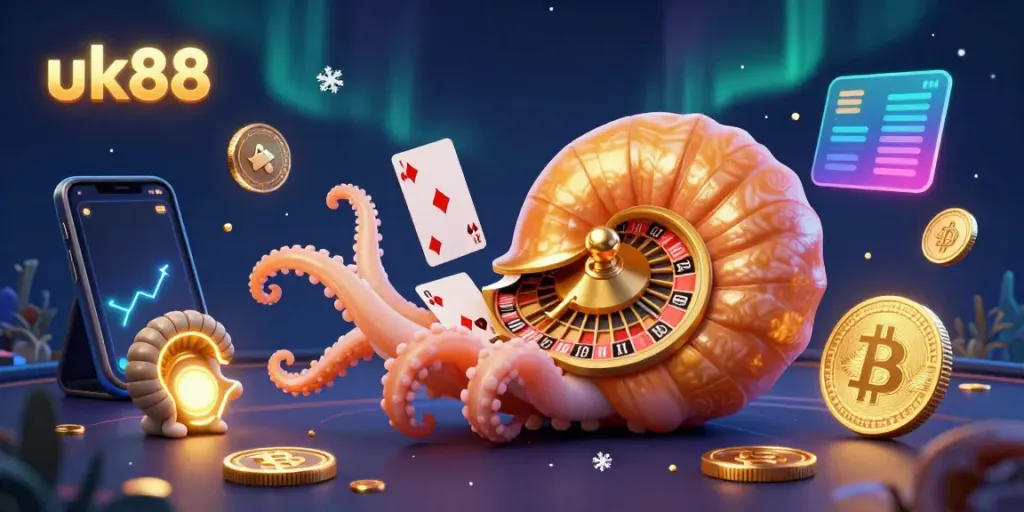 Engage with uk88’s exclusive gaming experience featuring a giant nautilus holding cards amid glowing crypto coins.