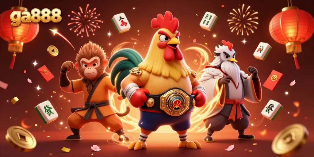 Experience thrilling gameplay with ga888 featuring a dynamic illustration of a Muay Thai rooster and martial artists in action.