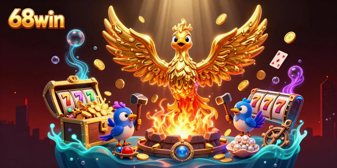 Win big with 68win in this colorful, action-packed casino-themed illustration.