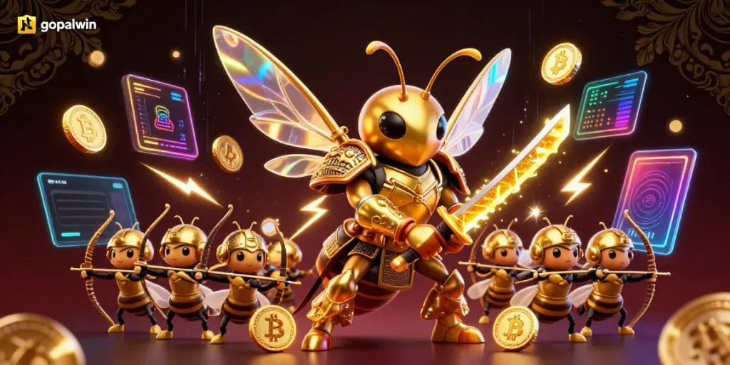 Experience the vibrant energy and winnings of gopalwin with a samurai bee surrounded by crypto elements.