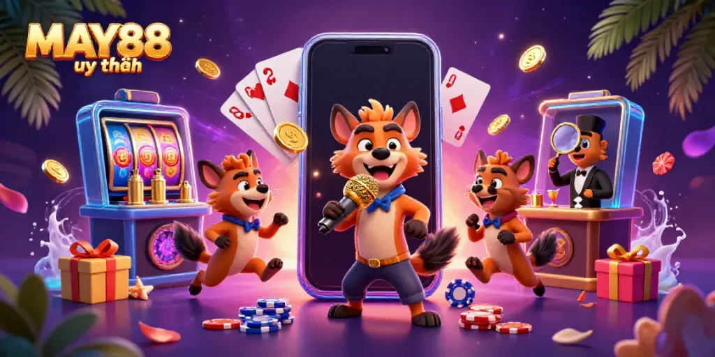 The lively comedy casino scene showcases MAY88 uy tín with hyenas entertaining as a comedian, bartender, and bouncer, complemented by vibrant gaming elements.