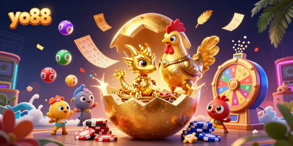 Engage with the thrilling yo88 gaming experience featuring a golden dragon on poker chips amidst vibrant casino excitement.