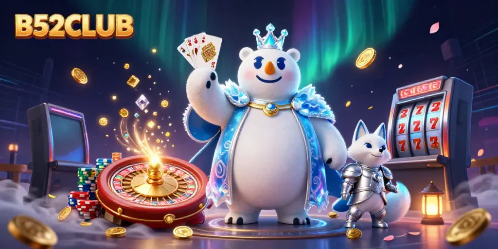 B52CLUB's immersive gaming scene showcases an ice king polar bear and fox companion surrounded by casino elements, engaging players in excitement.