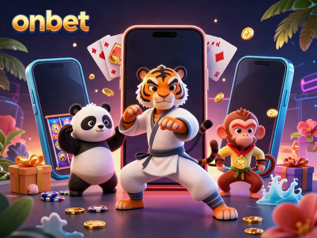 Experience thrilling action onbet with a kung fu tiger master, panda disciple, and playful monkey in a vibrant casino scene.