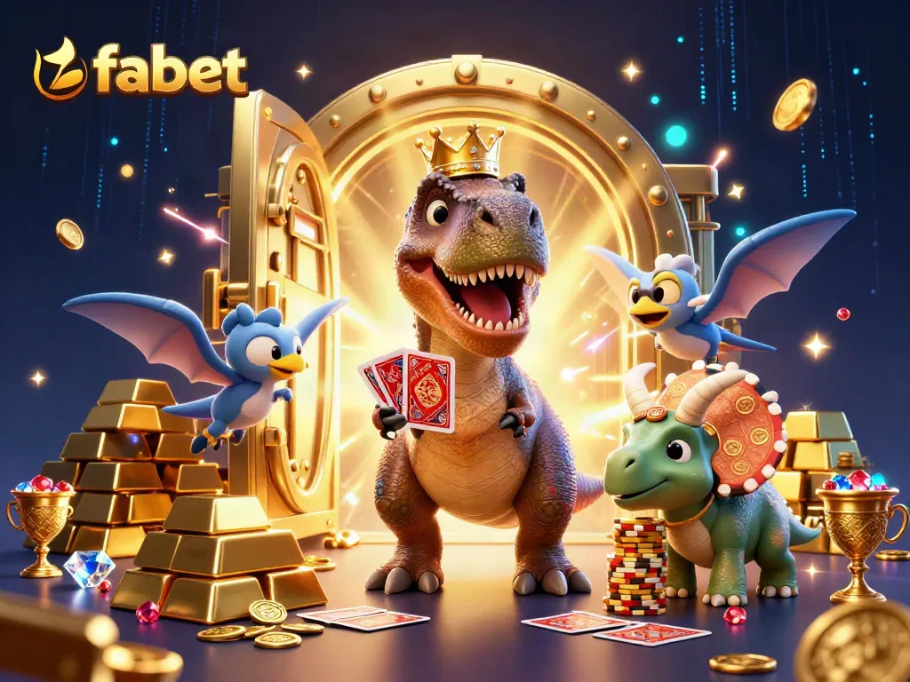 Experience the thrill of fabet with T-Rex shuffling cards, baby triceratops stacking chips, and treasure galore!