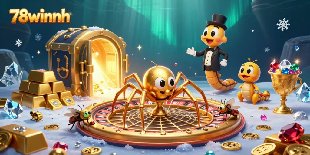 Experience thrilling bets at 78winnh with a golden web roulette scene featuring a fly and centipede croupier.