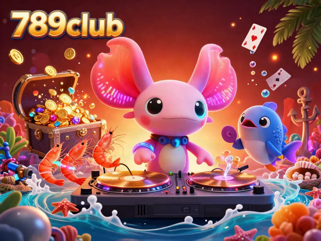 Engage in thrilling gameplay with 789club's vibrant underwater casino scene featuring a DJ and lively characters.