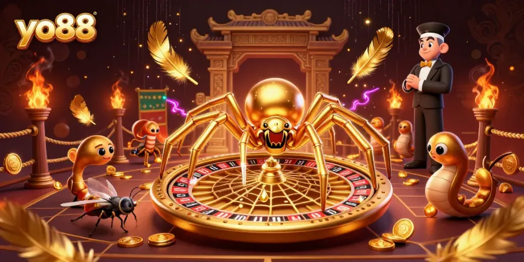Placing bets at yo88 with a golden spider spinning a roulette web in a casino scene.