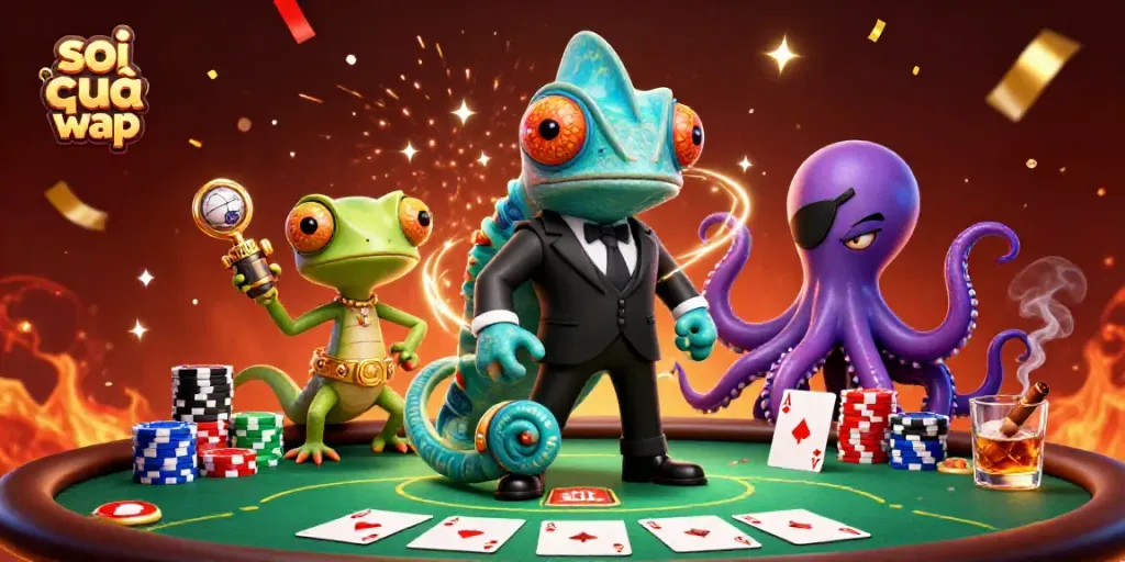Engaging scene featuring soi cầu wap with vibrant characters and a poker setup, embodying intense gaming action.