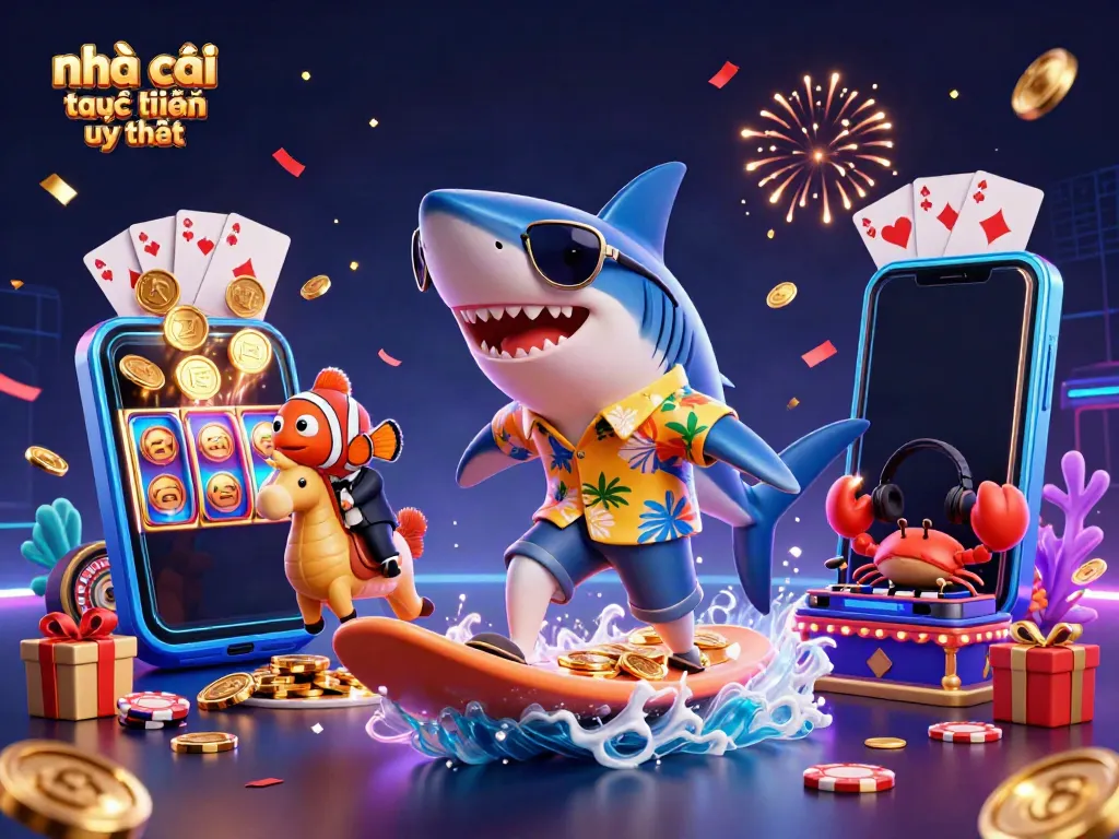 Engage with the dynamic scene showcasing nhà cái trực tuyến uy tín with casino elements including gold coins, vibrant game displays, and festive characters.