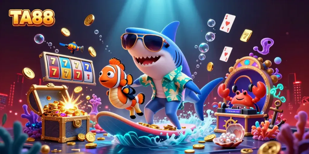 Experience TA88 excitement with a vibrant shark character surfing on gold coins amidst casino-themed elements.
