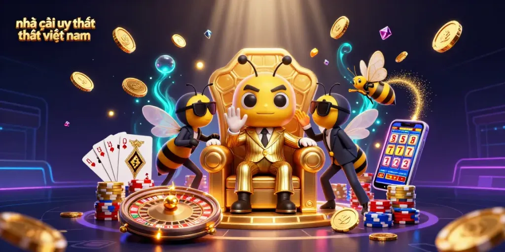 Engage with nhà cái uy tín nhất việt nam through an array of vibrant casino elements in a 3D illustration.