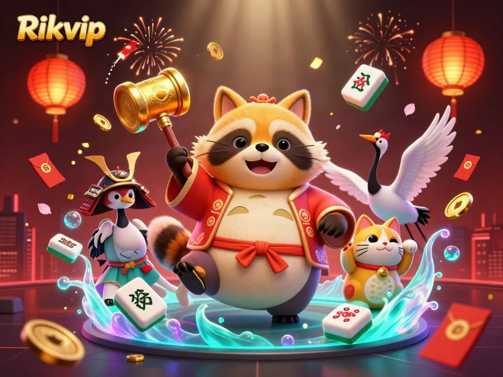 Experience the thrilling world of Rikvip through a vibrant, cheerful 3D illustration full of luck and fortune-themed elements.