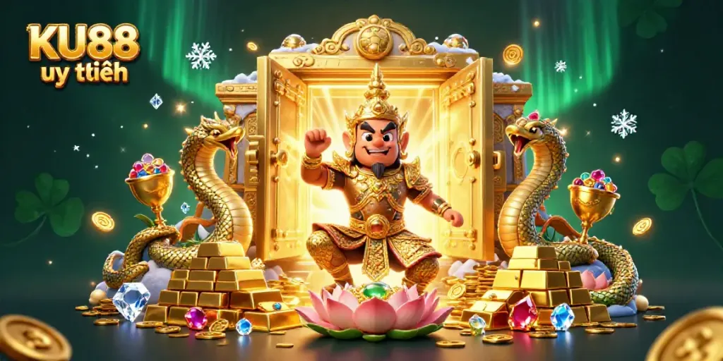Experience exciting adventures and treasures with KU88 uy tín in this vibrant casino-themed illustration.