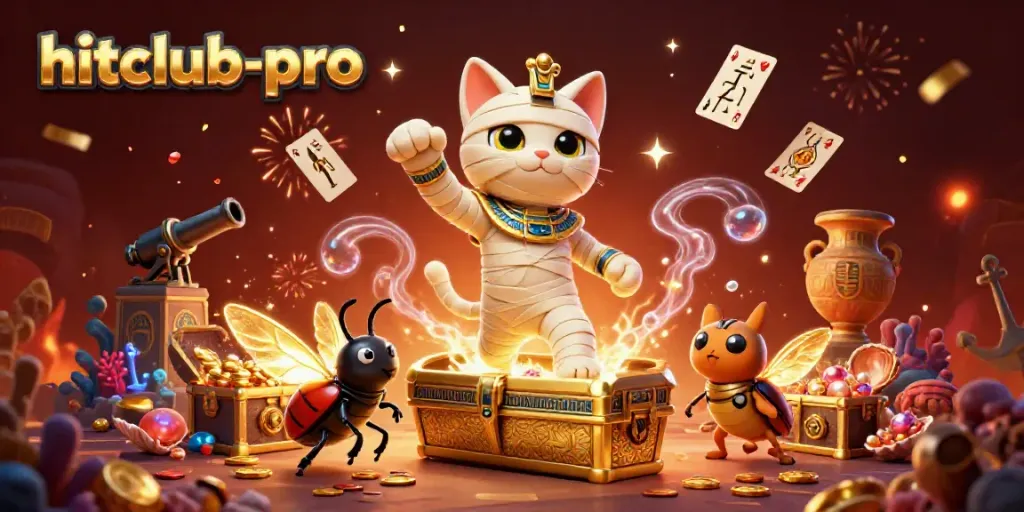 Join the hitclub-pro adventure with a mummy cat in a pyramid casino surrounded by treasure and hieroglyph cards.