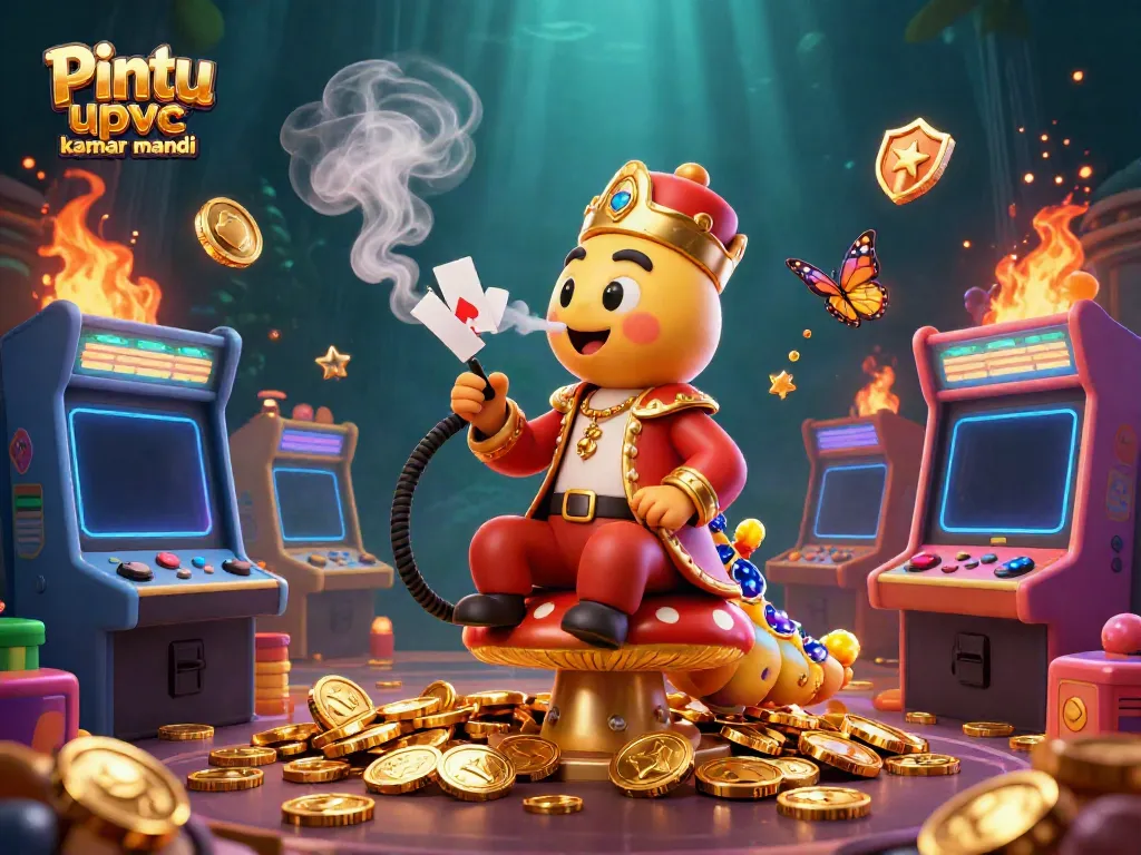 Pintu upvc kamar mandi illustrated in a vibrant casino-themed scene with smoky poker symbols.