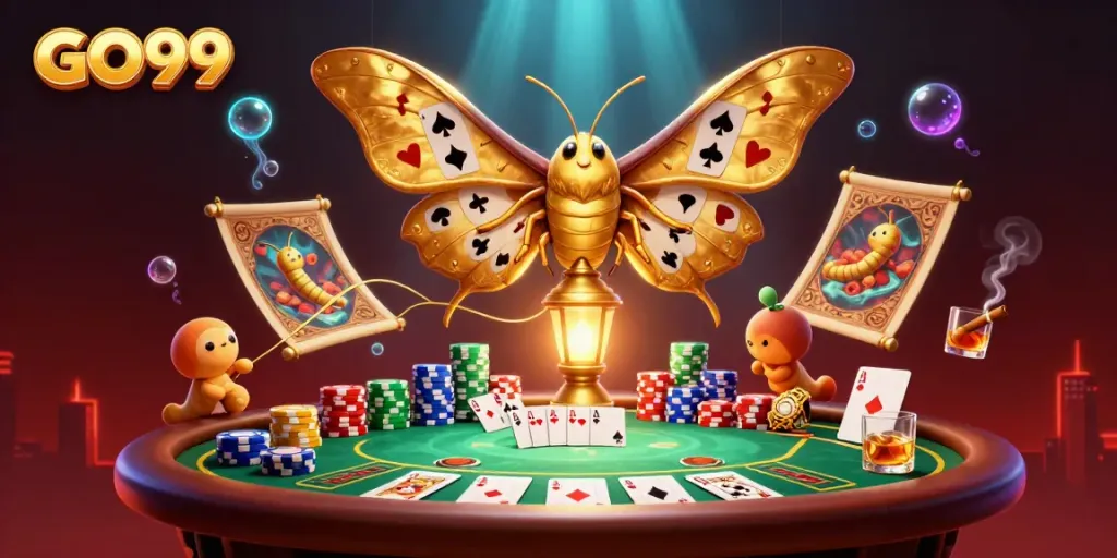 Engage with GO99 casino excitement in a vibrant 3D illustration showcasing poker action and dynamic game elements.