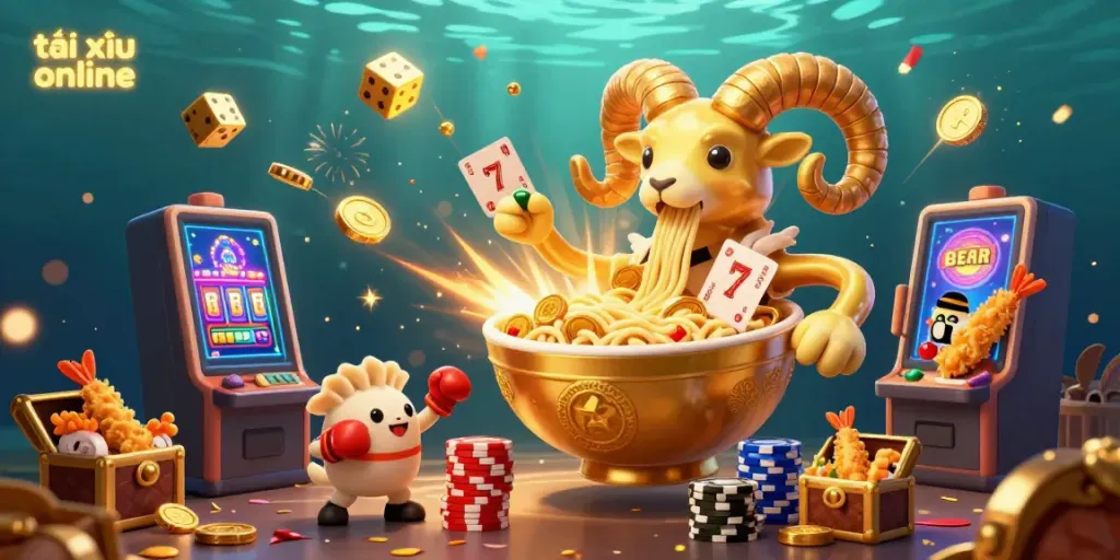 Experience exciting gameplay with tài xỉu online as the giant ramen bowl dealer joyfully stacks chips and deals cards.