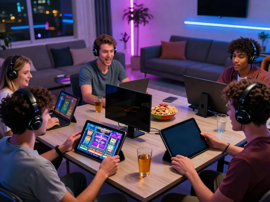 Players immersed in Slot88 gaming experience on various devices, showcasing excitement in a modern setting.