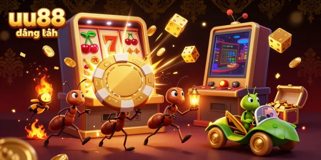 Experience the excitement of uu88 đăng nhập with ants on a heist amid jackpot explosions and golden casino elements.
