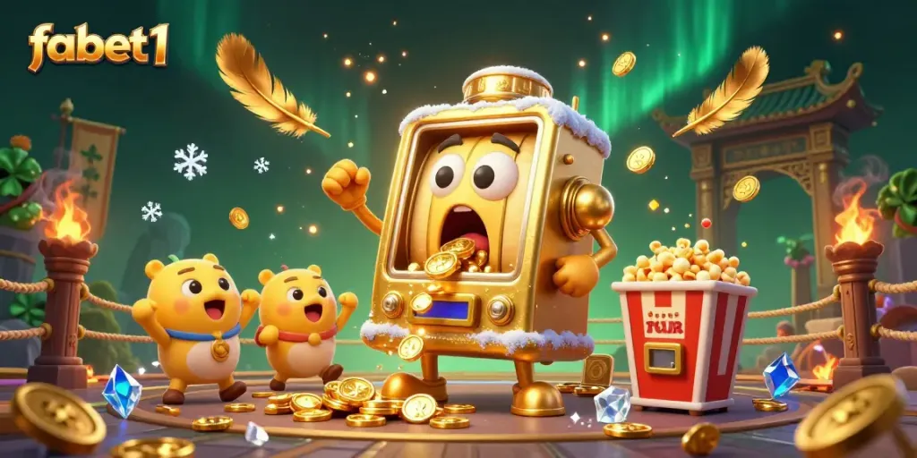 Experience the excitement of fabet1 with a jackpot-winning slot machine amidst cheering companions.