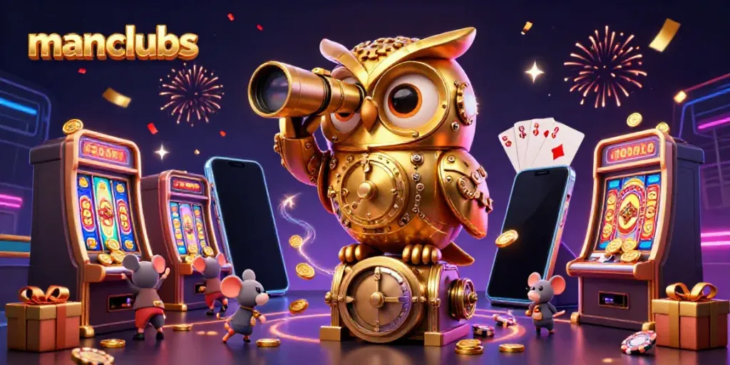 Experience the thrill of gaming at manclubs with a whimsical casino scene filled with characters and vibrant action.