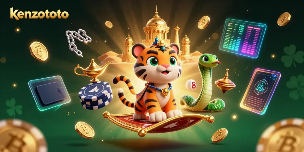 Experience gaming with KENZOTOTO in a vibrant illustration featuring a magical Arabian sultan, crypto elements, and rich casino imagery.