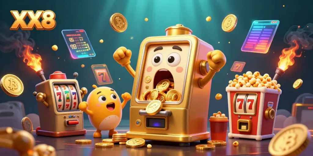 Experience the thrill of winning with XX8's lively jackpot celebration featuring golden slot machines.