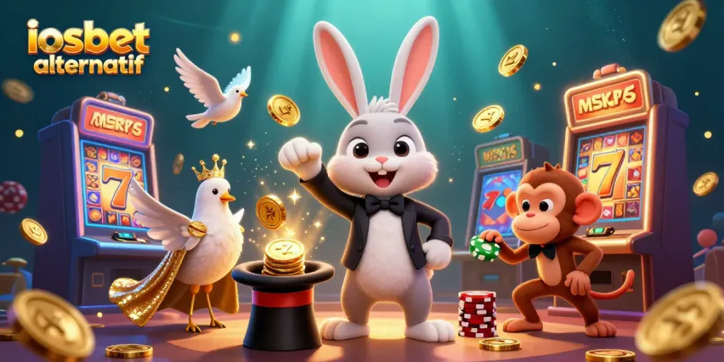 Gambar menarik "iosbet alternatif" dengan karakter kasino dan simbol slot yang menggembirakan.