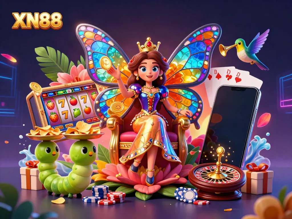 Experience the vibrant XN88 slot adventure with a dazzling animated casino scene.