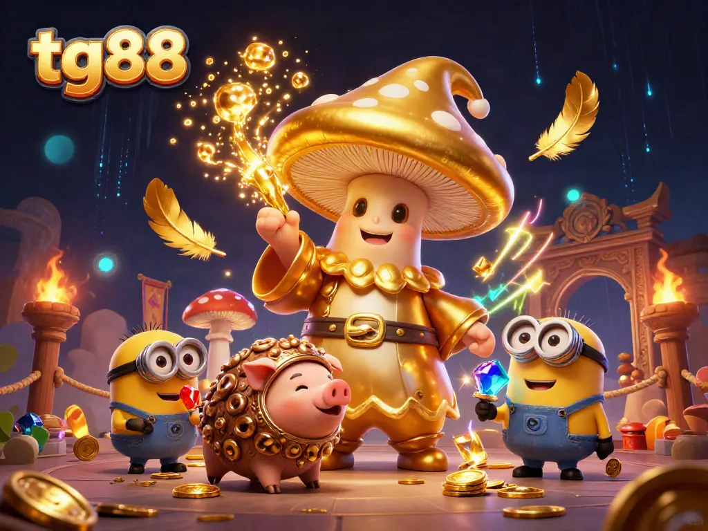 Spin the reels at tg88 with a whimsical golden mushroom wizard and his treasure-hunting companions.