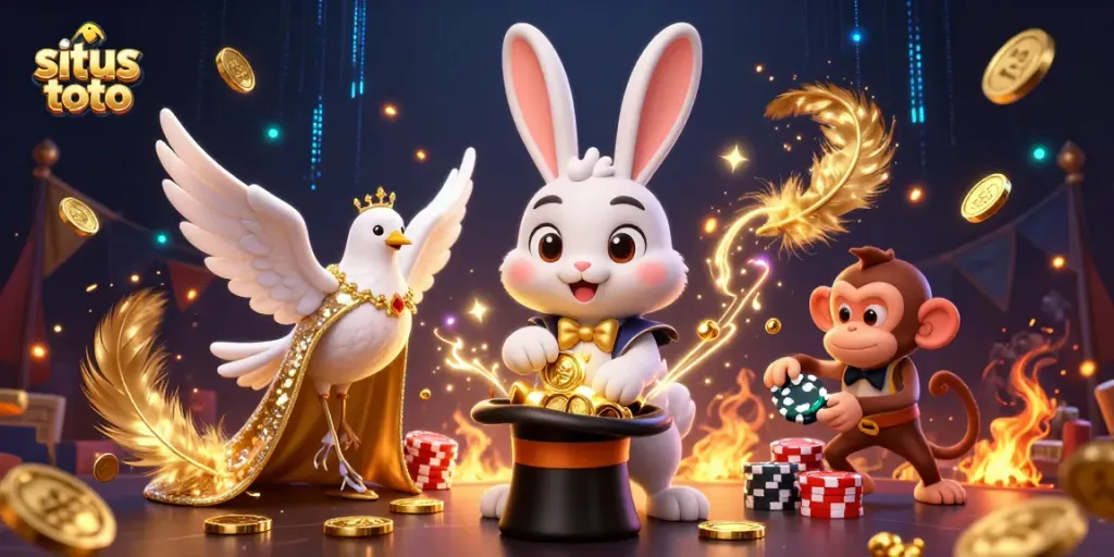 Experience thrilling situs toto games with a rabbit magician, dazzling dove, and playful monkey amidst magical casino elements.
