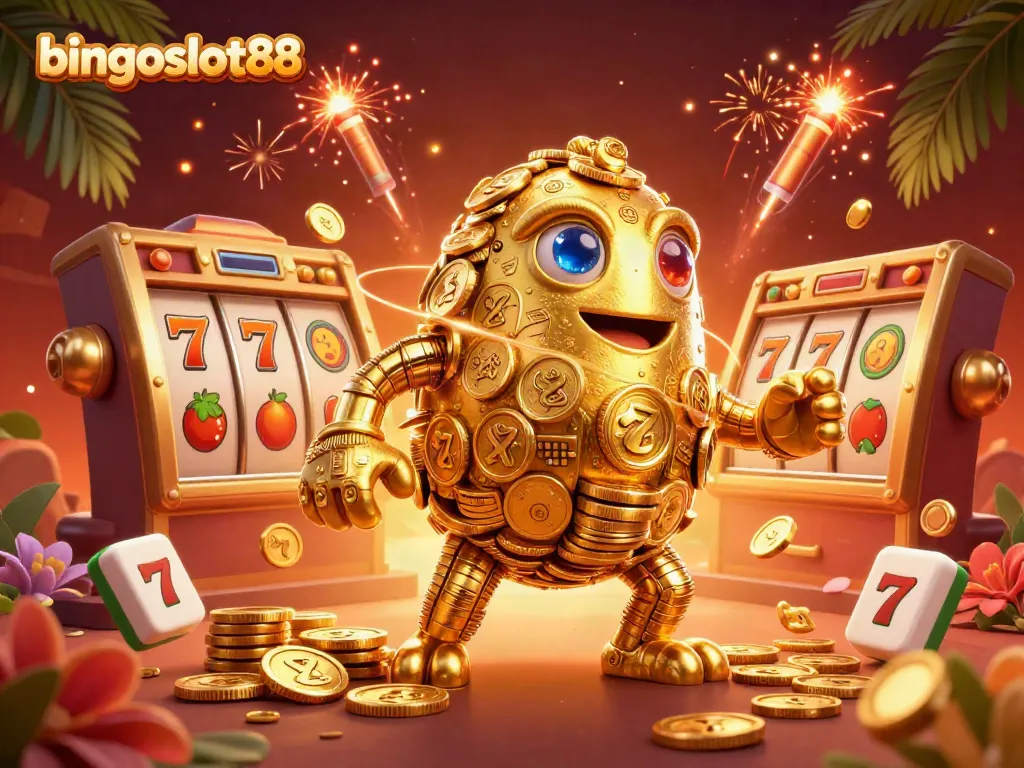 Golem dan simbol slot bersinar di bingoslot88 dalam ilustrasi 3D yang menakjubkan.