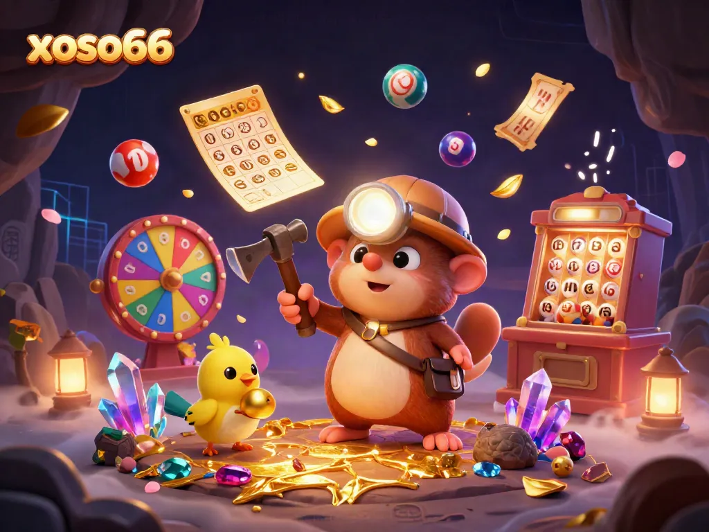 Experience the excitement of xoso66 with a treasure hunter mole and a canary amidst dynamic lottery-themed elements.
