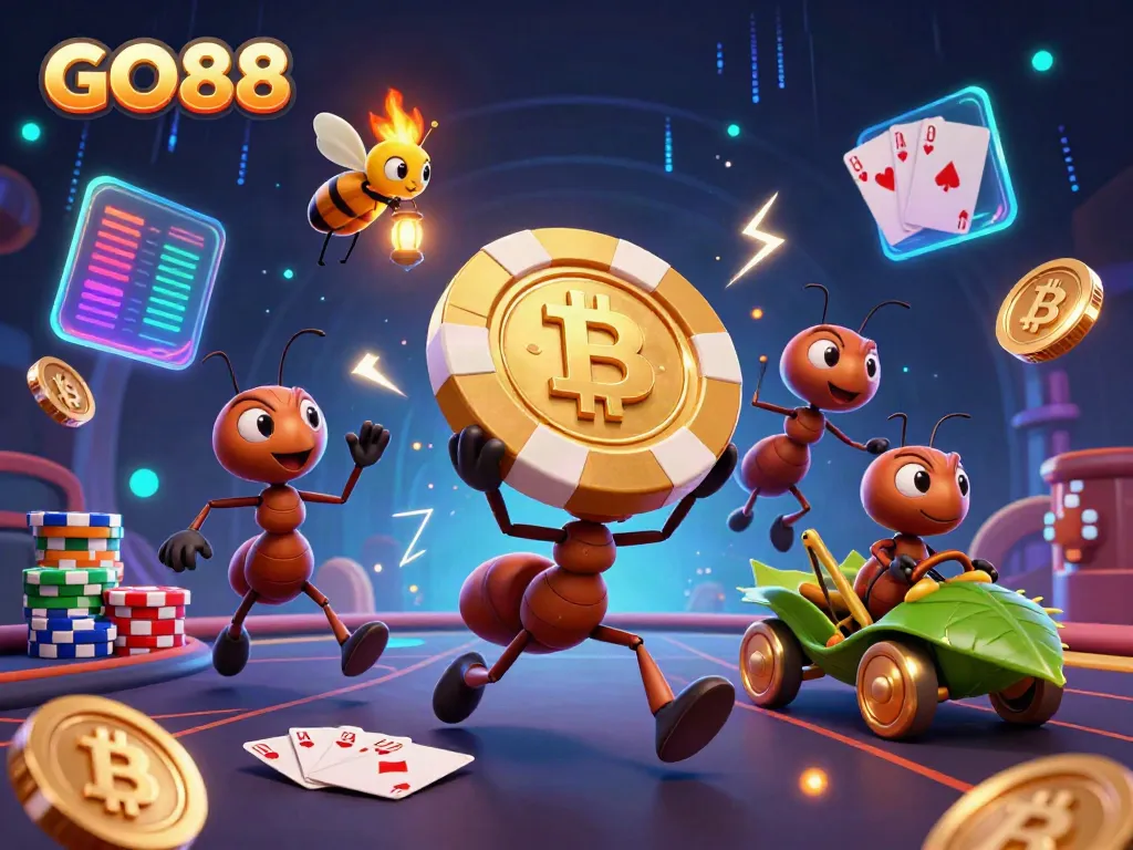 Celebrate your wins at GO88 with animated ants on a heist, showcasing poker and cryptocurrency elements.