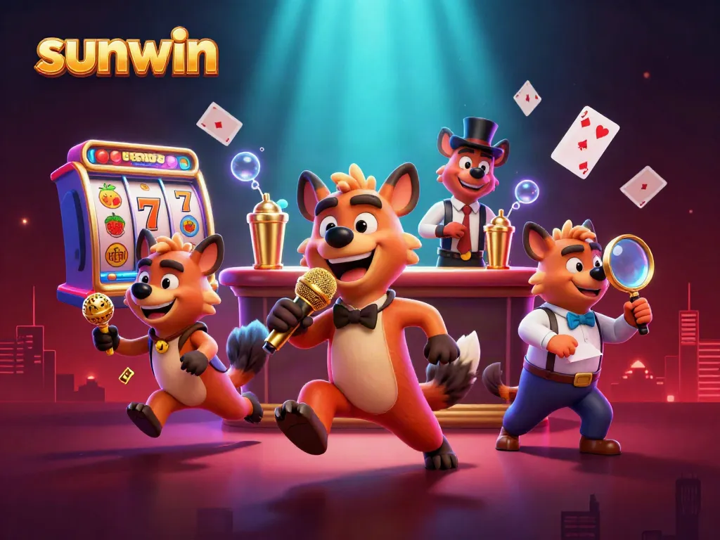 Engage in thrilling gameplay at sunwin with our animated casino scene featuring hyenas in a comedy club.