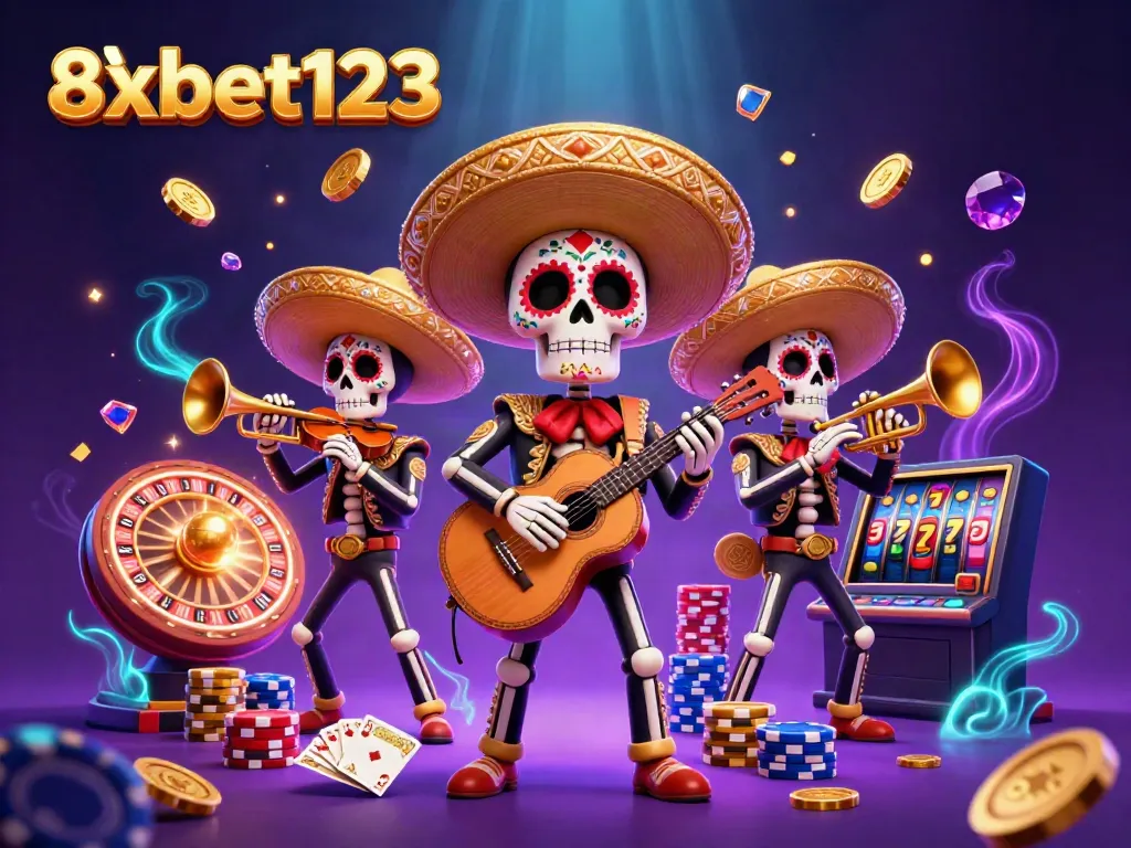 Join the fun at 8xbet123 with an engaging casino scene featuring festive mariachi skeletons