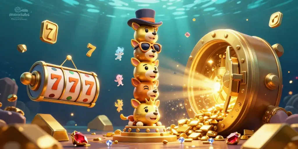 Experience the excitement of manclubs with a vibrant 3D casino scene filled with golden treasures and slot machines.